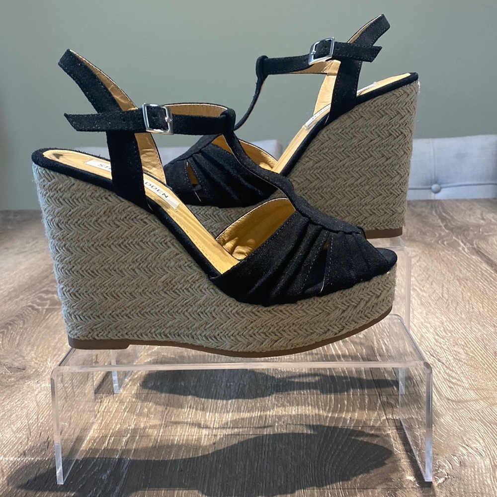 Steve Madden 5 inch wedge sandals, black/tan